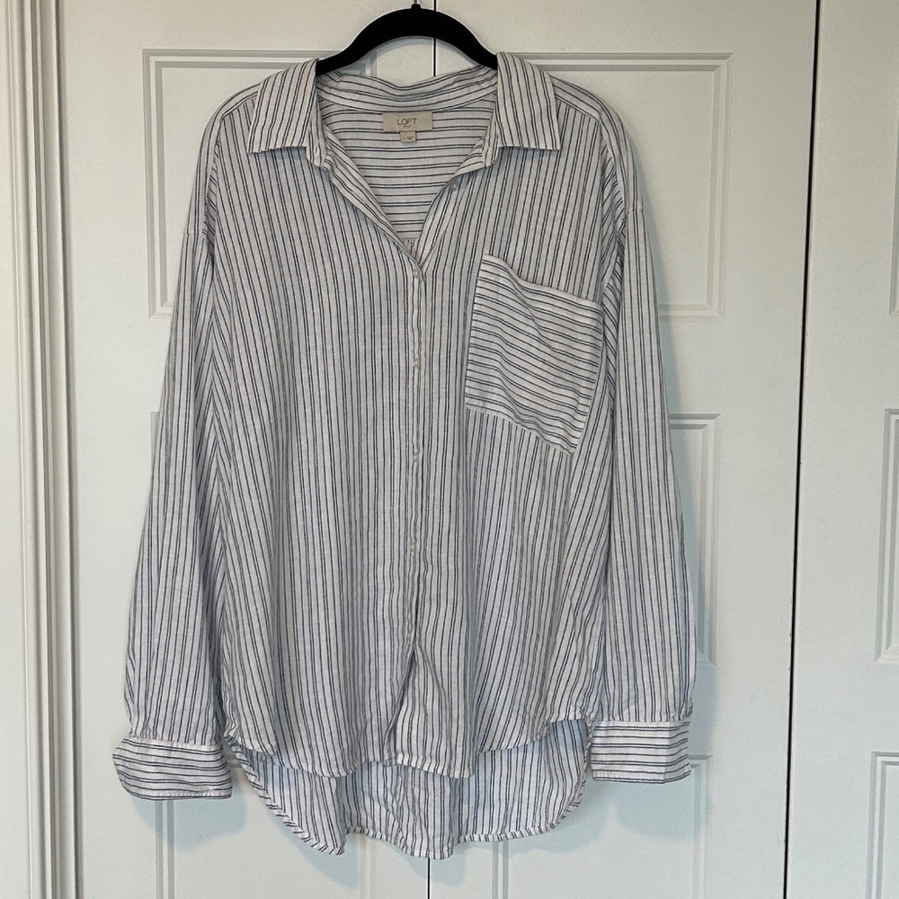 Loft Striped Linen-Blend  Everyday Oversized Pocket Shirt - navy/white - large